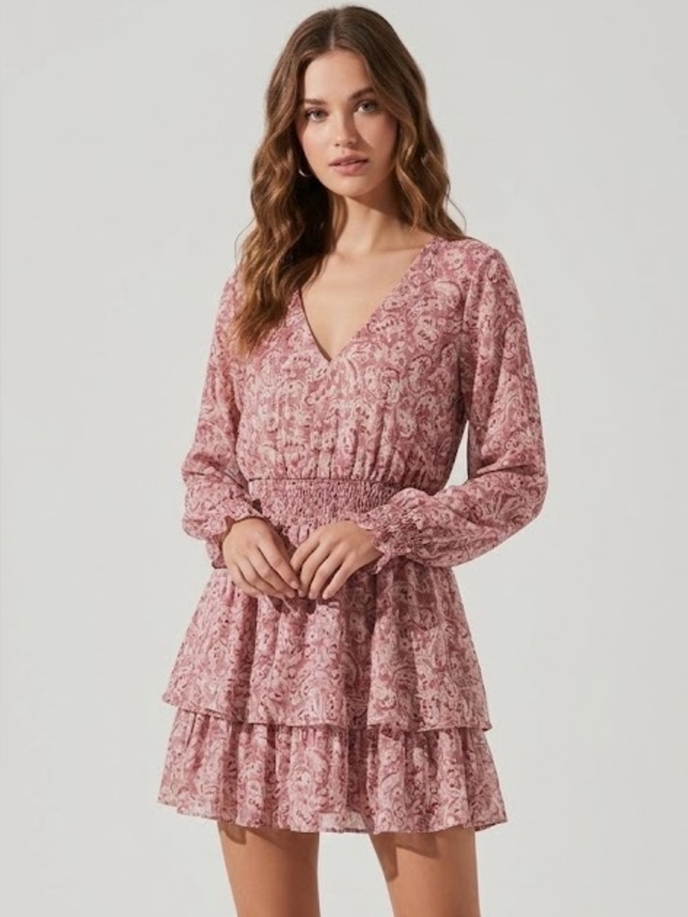 AQUA Womens Paisley Metallic Smocked Tiered Mini Dress